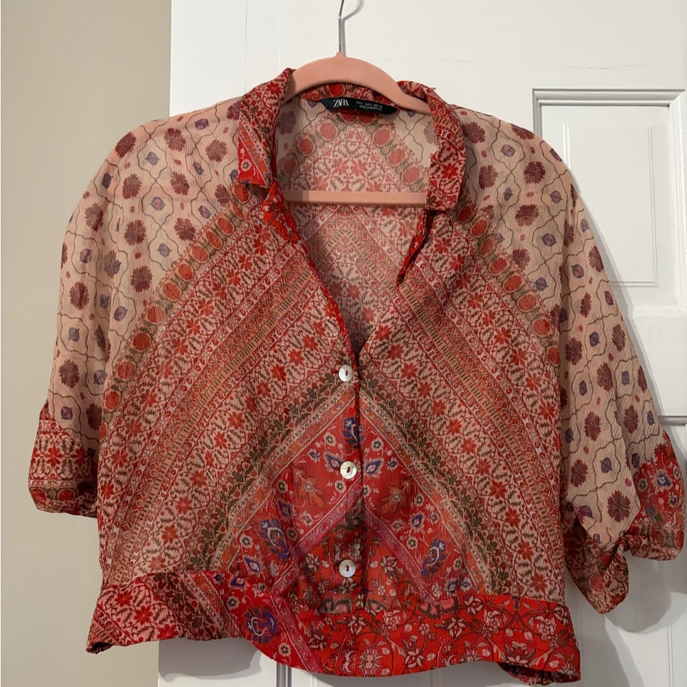 Zara Patchwork Patterned Sheer Blouse